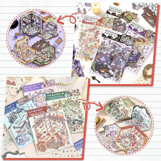 DIY 3D House Sticker Set for Adults & Kids - Creative Miniature Room Scenes with Cartoon Decals, Cute Home Decor Stickers to Build Your Own 3D Model Scenes (Set 4)