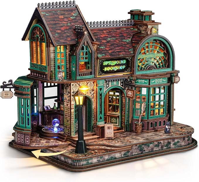 3D Wooden Puzzle Magic Bookstore with LED Lights - DIY Miniature Kit, Spellbound Bookshop, Home Décor Display, Creative Gift for Adults and Teens