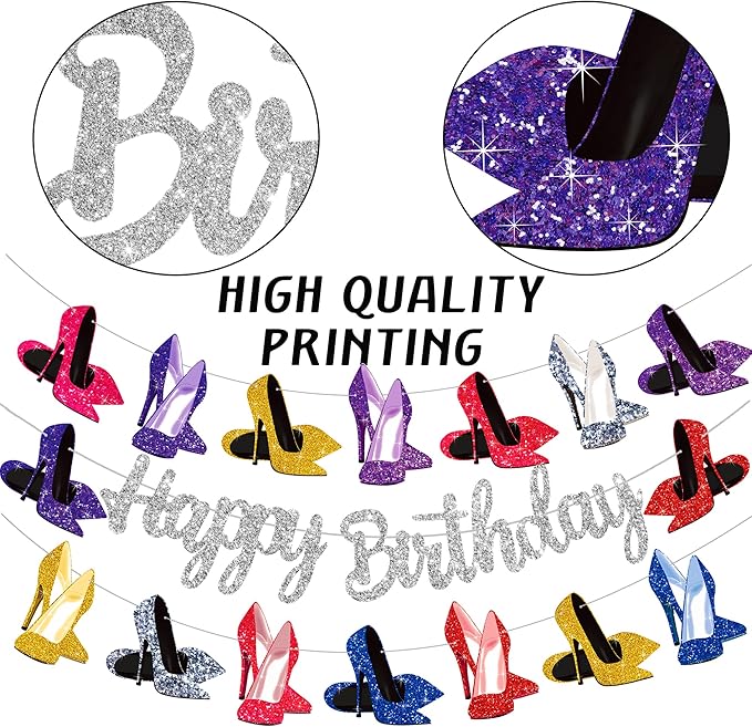 High Heel Shoes Banners Bridal Shower Engagement Party Decor Heel Birthday Party Decorations Silver Glitter High Heels Happy Birthday Banners for Girls Ladies Bridal Shower Supplies