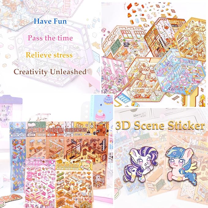 DIY 3D Sticker for Kids, Stocking Stuffer, 6 Sets of Cute Stickers for Girls Adult Isometric Sticker Scene Kids Reuseable and Waterproof Stickers, Holiday & Christmas Fun