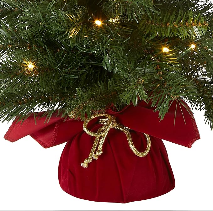 National Tree Company 24 in Pre-Lit Majestic Fir Mini Artificial Christmas Tree, 35 Warm White LED Lights, 71 Tips, Red Cloth Base, Timer, Green