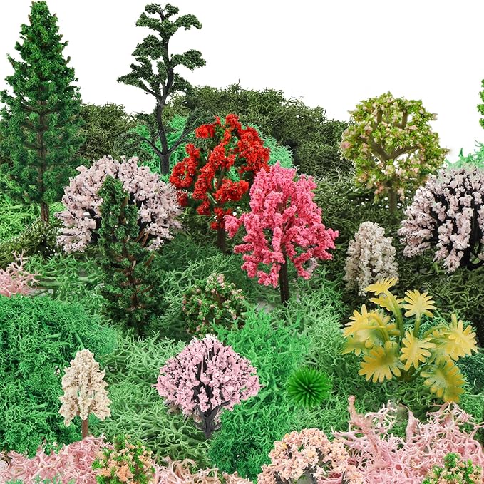 QUOZUO 36 Pcs Mixed Model Trees with 40g Moss Pink and Green, Diorama Trees Grass Mini Fake Miniature Trees Moss for Building Model, Model Train Scenery, Natural Green Landscape, Railroad Scenery
