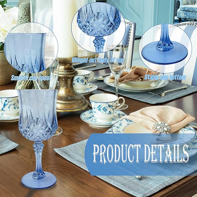 Veiuwa 12 PCS Blue Plastic Wine Glasses,Reusable Plastic Wine Glasses,Blue Goblet Glass,Durable and Sturdy Cups Can Be Used for Various Parties Such as Weddings!