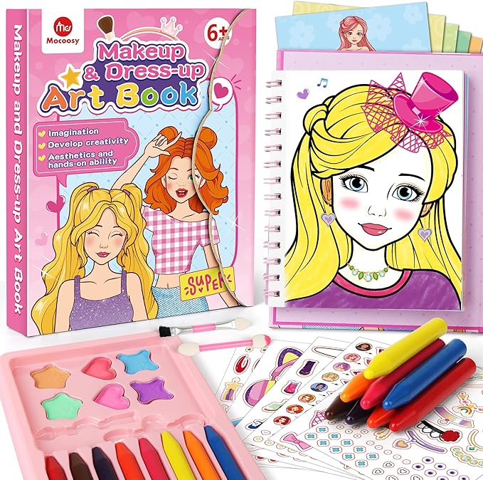 Mocoosy Makeup Art Craft for kids Ages 4-8, Pretend Makeup Coloring Activity Book with Stickers, Fashion Designer Kit for Girls, Travel Game Road Trip Toy Valentine's Gift for Girl 5 6 7 8 9 Years Old