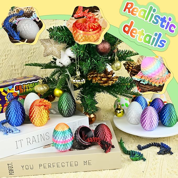 12PCS 3D Printed Dragon Eggs, Christmas Stocking Stuffers for Kids Boys, Dragon Toy for Boys Teens Articulated Crystal Dragon Gifts for Teens Boy 4-6 5-7 8-12