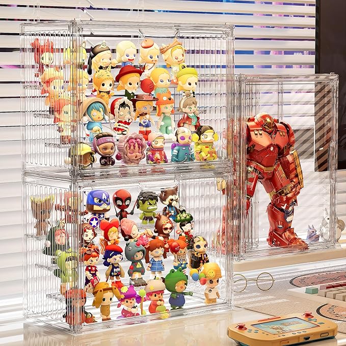 Clear Acrylic Display Case for Collectibles 4 Layer Hobby Figure Display Case Box with Shelves Stackable Figurine Display Shelf for Pop Mart Labubu, Car Model, Perfume, 2 Pack