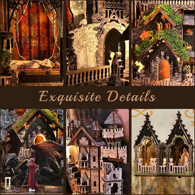 DIY Book Nook Kit for Adults, 3D Wooden Puzzle Bookend Bookshelf Insert Decor with LED Light and Dust Cover (Sleeping Beauty)