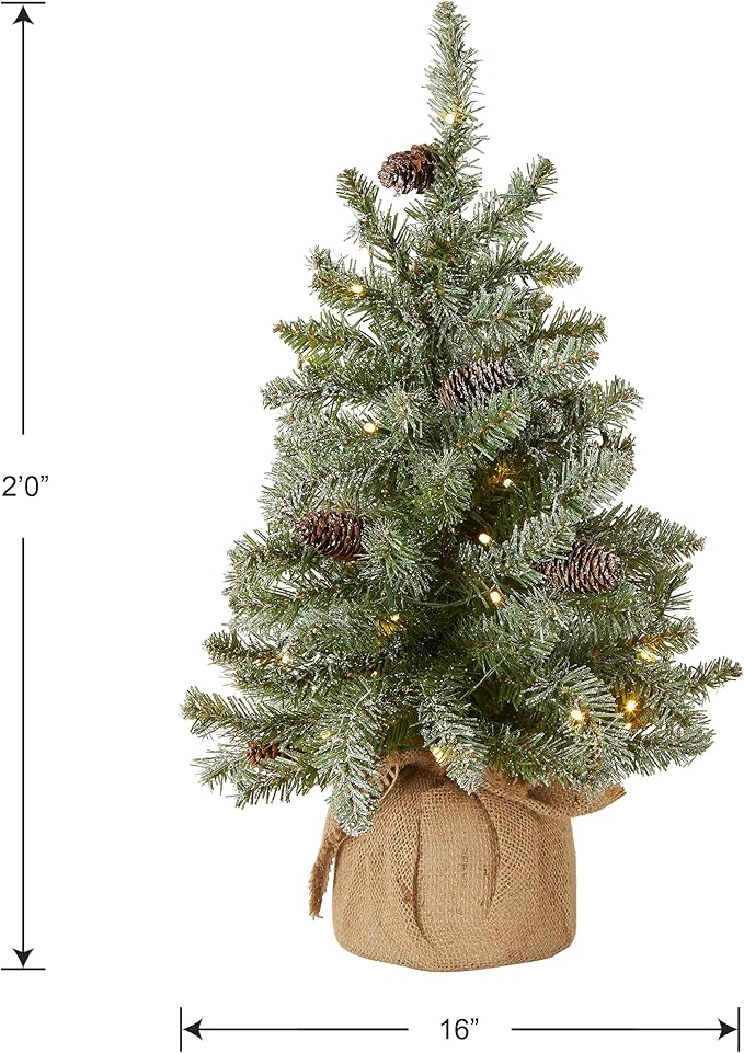 National Tree Company 2 ft Pre-Lit Flocked Mini Artificial Christmas Tree, 50 Clear LED Lights, 75 Tips, Pinecones, Burlap Base, Timer, Green