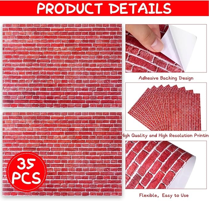 35 Pcs Miniature Dollhouse Wallpaper Self-Adhesive Mini DIY Floorboards Wall Paper Real Life DIY Decoration for Dollhouse(Red)