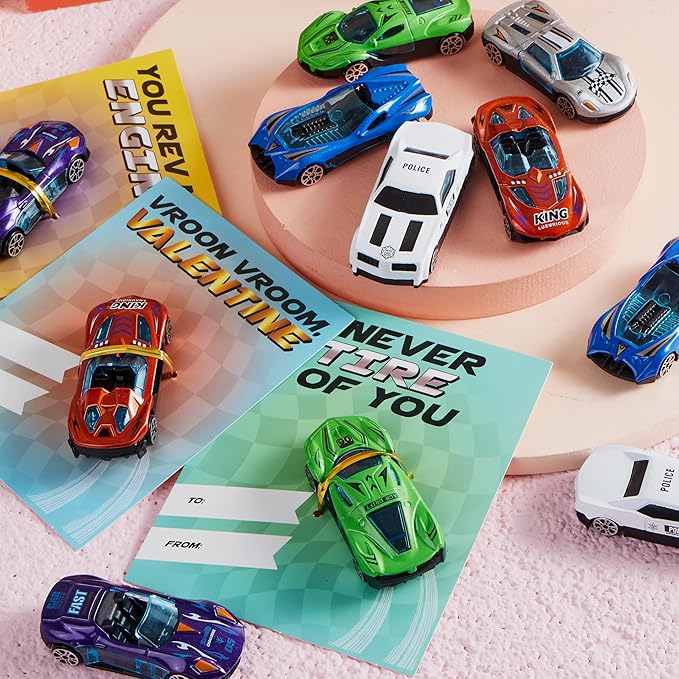 JOYIN 28 Valentines Day Gifts Cards with Die-Cast Racing Cars Vehicle for Kids School Classroom Exchange Party Favor Gift Supplies