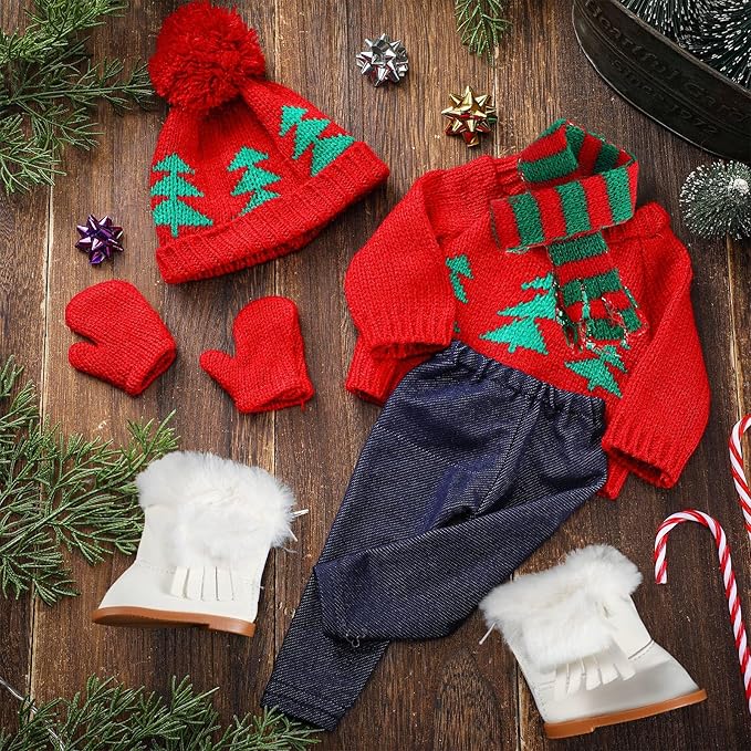 Bencailor 6 Pcs Winter 18 Inch Doll Clothes and Accessories Winter Outfits Set Sweaters Trousers Hats Shoes for 18 Inch Doll Gifts(Tree Red White Green,Classic)