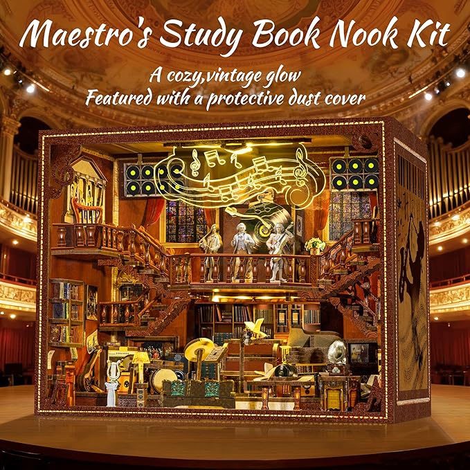 Book Nook Kit - 3D Wooden Puzzle with LED Lights - DIY Booknook for Adults and Teens - Bookshelf Insert Decor - Educational Gift for Family & Friends（Maestro's Study）