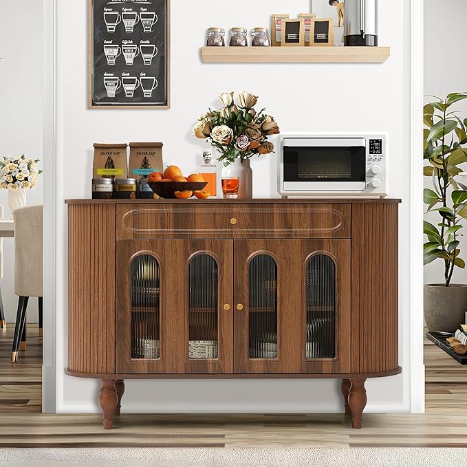 47'' Fluted Sideboard Buffer Cabinet with Drawer, Modern Credenza Storage Cabinet, Bar Cabinet Console Table with Tambour Sliding Side for Living Dining Room Kitchen Hallway Entryway, Walnut