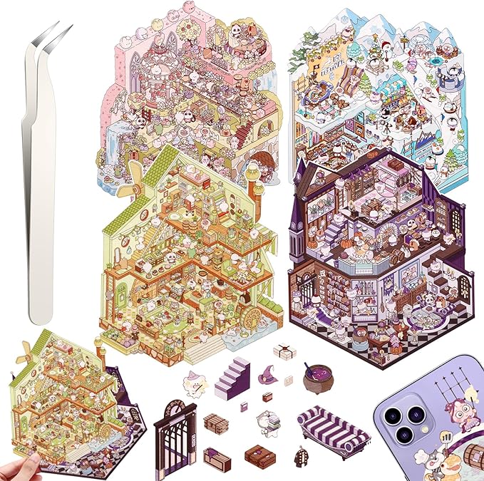 DIY 3D House Stickers, 4 Set Fun DIY Stickers Scene Make Your Own Warm Home, Supermarket, Coffee Shop, Music Bar, Cute 3D Cartoon Scene Sticker for Adult Kids Relief Stress Pass The Time (XMPLUS2.0)
