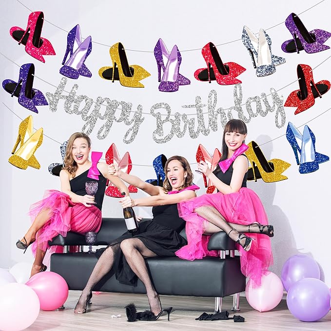 High Heel Shoes Banners Bridal Shower Engagement Party Decor Heel Birthday Party Decorations Silver Glitter High Heels Happy Birthday Banners for Girls Ladies Bridal Shower Supplies