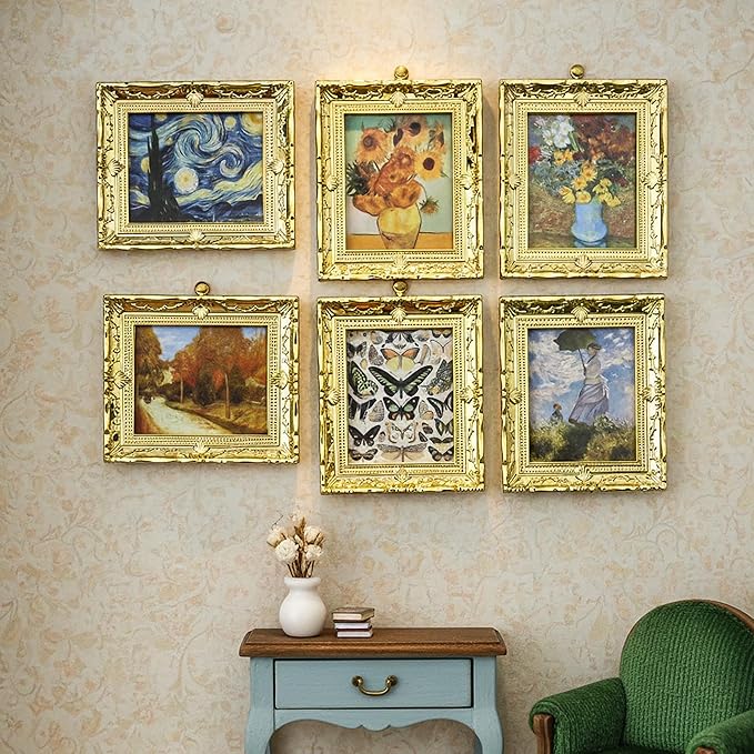 6PCS Mini Framed Art Dollhouse Wall Art Set – 1:12 Scale Miniature Framed Picture Painting, Vintage Golden Antique Gold Frames Oil Photo for Gallery Home Decor Accessory, Tiny Van Gogh Monet Artwork