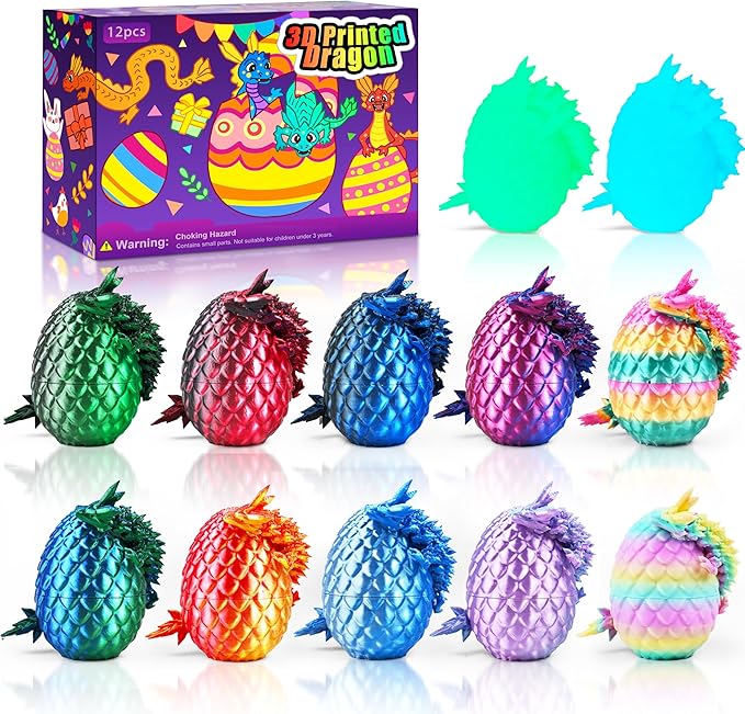 12PCS 3D Printed Dragon Eggs, Christmas Stocking Stuffers for Kids Boys, Dragon Toy for Boys Teens Articulated Crystal Dragon Gifts for Teens Boy 4-6 5-7 8-12