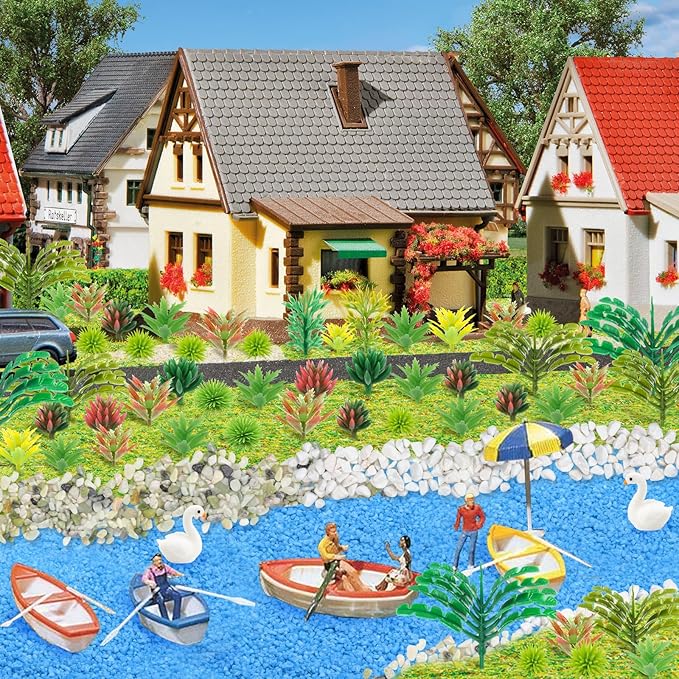 QUOZUO 82pcs Model Plants Miniature Trees Train Scenery Rainforest Fairy Garden Accessories Model Railway River Sand Stone Artificial mini Plants Park Garden Scene Architecture Building Model