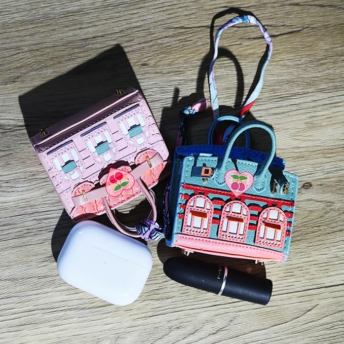 Buyborgood Women's 2 PCS Mini Tote Bag Charms Keychain Pouch Small Coin Purse Wallet (Blue + Pink)