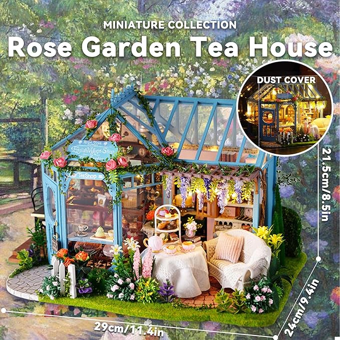 Flever Dollhouse Miniature DIY House Kit Creative Room with Furniture for Romantic Artwork Gift-Rose Garden Tea House