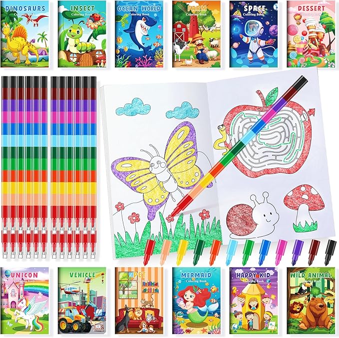BenLouis Coloring Books for Kids With Stacking Crayons Set Mini Coloring Books Bulk for Ages 4-8-12 Small Activity Books for Birthday Party Gifts Goodie Bags Stuffers Travel（24+24Pcs Colorful）