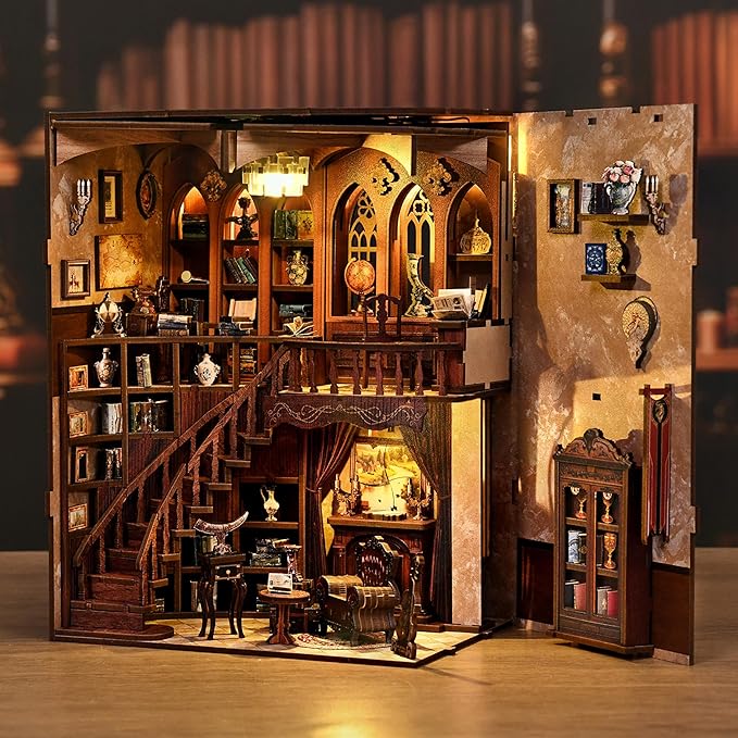 ISSEVE Book Nook Kit - DIY Miniature House Kit Book Nooks for Adults, Dollhouse Booknook Library Tiny House Bookshelf Decor 3D Wooden Puzzle Model Building Craft Kits Gift (Ancient Rhyme Library)