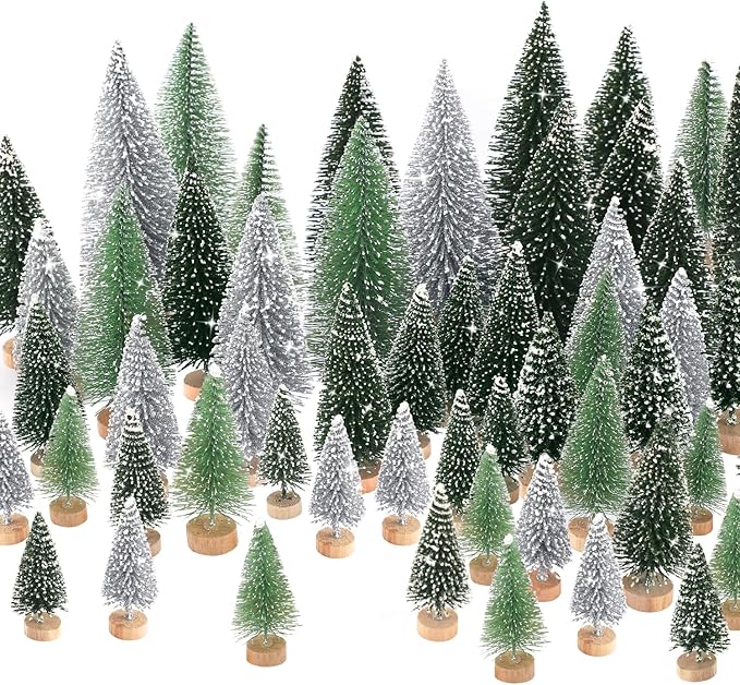 30Pcs Mini Christmas Tree Decor, Artificial Christmas Tree 5 Sizes,Mini Sisal Snow Frost Trees with Wooden Base for Christmas Decor Christmas Party Home Table Craft Decorations (A-Green/Silver)