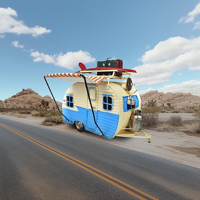 Travel Car Model Camper Van Trailer RV Motorhome Iron Vehicles Campsite Retro Industrial Steampunk Cute Diecast Decor Present Surprise for Boyfriend Caraholic Travelogue Adventurers Man