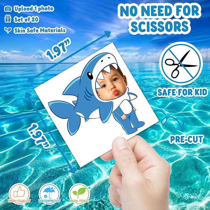 Custom Shark Temporary Tattoos for Kids - Personalized Pre-Cut Face Photo Tattoos - Fun Birthday Party Favors for Boys Girls, Shark Lovers - Set of 20 Unique Celebration Gifts