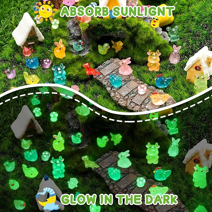 200 Pcs Luminous Mini Resin Animals 12 Styles Glow in The Dark Tiny Ducks Rabbits Frogs Mushrooms Figurines to Hide Small Miniature Figures for Garden Fairy Decor Dollhouse Aquarium DIY Crafts