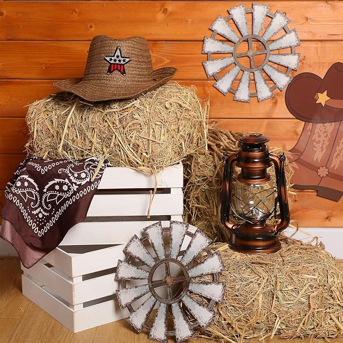 9 Pack Halloween 13 x 9 x 6 Inch Straw Hay Bale Stack Decoration Set Rustic Wooden Wagon Wheel Natural Hay Bales Boxes Western Cowboy Birthday Decor Photo Booth Props