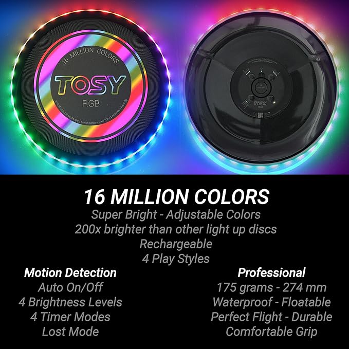 TOSY Flying Disc - 108 RGB Multicolor or 36 Monocolor LEDs, Super Bright, Smart Modes, Cool Valentine Easter Gift, Camping Toy for Kid/Teen/Adult, Auto Light Up, Rechargeable, Waterproof, 175g