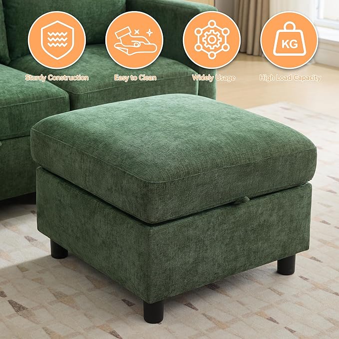 25”Square Storage Ottoman Module for Modular Sectional Sofa, Living Room Coffee Table Sectional Ottoman Footrest for Convertible Couch, Chenille Dark Green