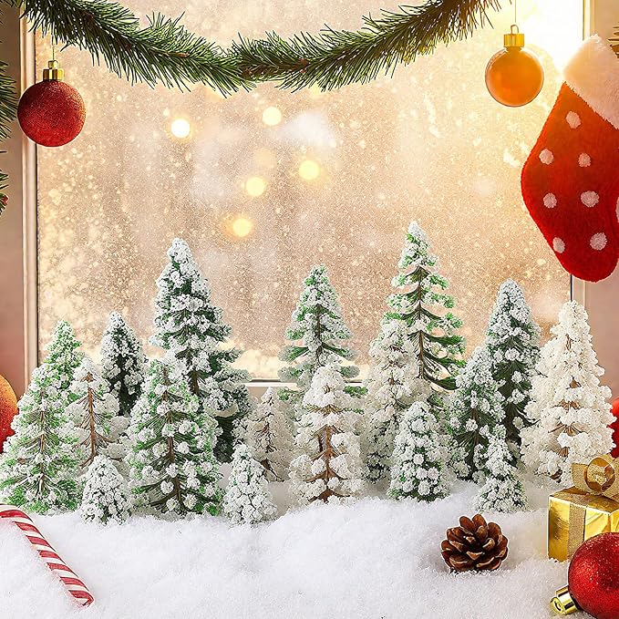 Skylety 35 Pieces Model Trees 1.2-6.3 Inch Mixed Miniature Trees Diorama Supplies Fake Plants Train Scenery Landscape Christmas Village Architecture DIY Crafts(Dark Green, Green, White,Snowy Cedar)