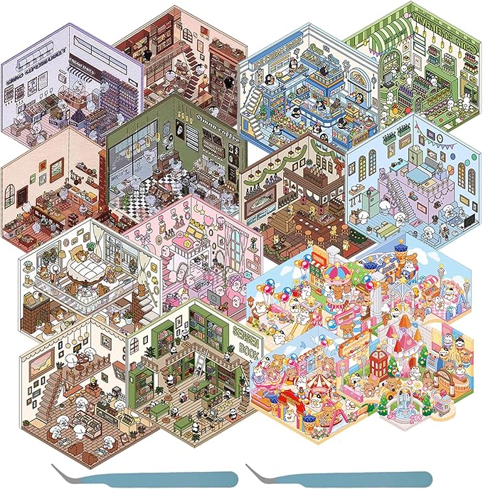 DIY 3D House Sticker, Creative 3D Stickers Scene, Fun 3D House Sticker Set, Decorative 3D Room Sticker, Cartoon 3D Miniature Scene Stickers for Adults Kids to Make Your Own Mini Room Scenes (Set 2)