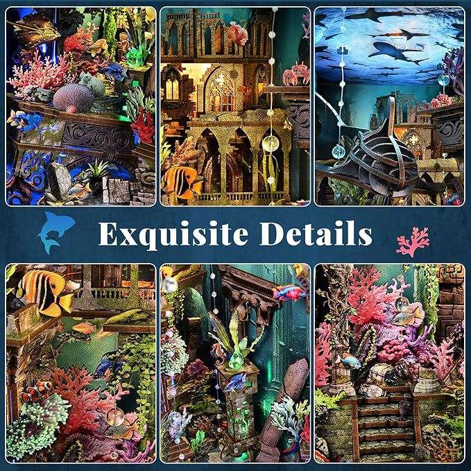 Book Nook Kit - DIY Miniature Dollhouse for Adults and Teens, Creative Bookshelf Decor 3D Wooden Puzzle Bookend with LED Light, Unique Gift for Family and Friends (Lost City of Atlantis)