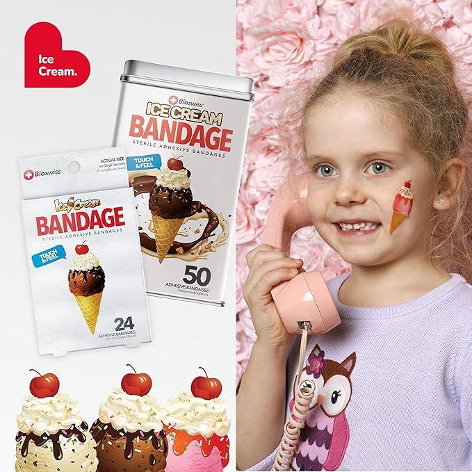 BioSwiss Bandages, Ice Cream Shaped Self Adhesive Bandage Set, Latex Free, Sterile Wound Care, 24 Count