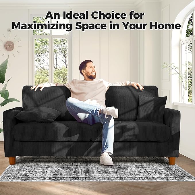 70in Corduroy Couch, Kidirect Sofa No Tool Assembly, Comfy Couches for Living Room 21in Deeper Seats, Corduroy Sofas for Living Room with 2 Pillows, Oversized Loveseat Sofa, Boho Love Seat Black Couch