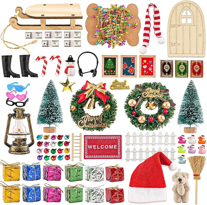 77 PCS Doll House Christmas Set Dollhouse Accessories Miniature Figurines Mini Santa Snowman Books String Lights Fence Ducks Yard Gift Box Decor for Pretend Toys DIY Festival Party Fairy Garden