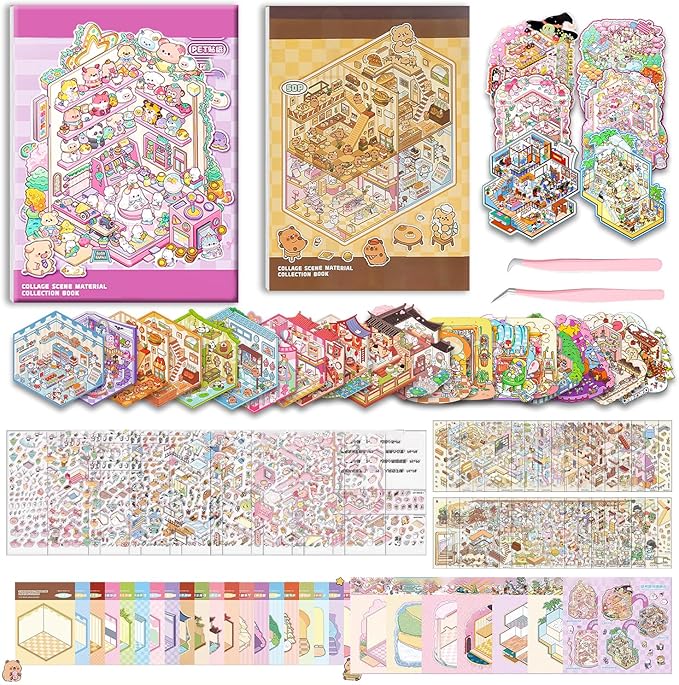 DIY 3D Sticker Book Set (Suitable for Teens & Adults) - 2-Book Set Includes 67 Pages, 26 Adorable Scenes, Tweezers & Clips - Creative Stress-Relief Activity