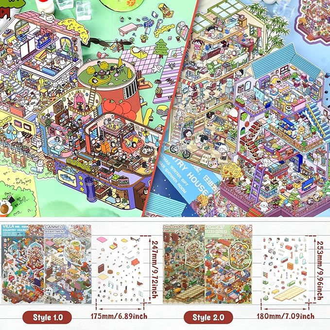 DIY 3D Sticker Scene, 4 Sets Fun DIY 3D House Stickers, Make Your Own Mini Room Scenes, Cute Cartoon 3D Miniature Scene Stickers Book, 3D Sticker Therapy for Adults Kids Relief Stress Pass The Time