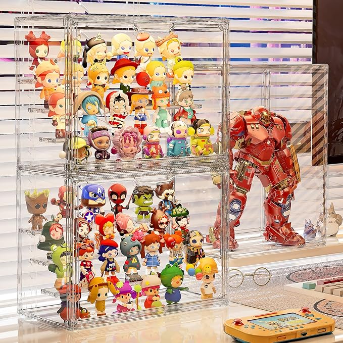 Clear Acrylic Display Case for Collectibles 4 Layer Hobby Figure Display Case Box with Shelves Stackable Figurine Display Shelf for Funko Pop, Pop Mart, Labubu, Model, 3 Pack