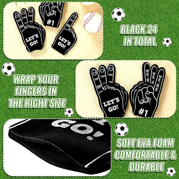 Sinmoe 24 Pcs Mini Foam Finger Baseball Fan Mini Foam Finger, We're #1 Sports Themed Party Supplies for Baseball Hockey Football Basketball Events Team Gifts(Black)