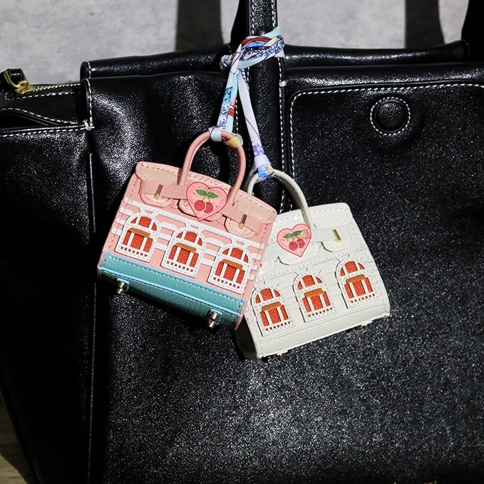 Buyborgood Women's 2 PCS Mini Tote Bag Charms Keychain Pouch Small Coin Purse Wallet (Peach + White)