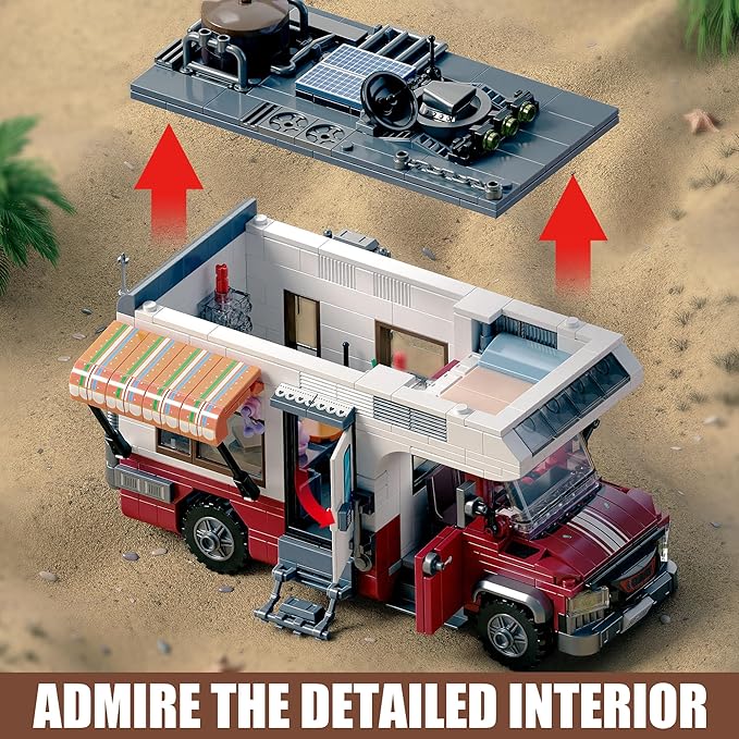 City Camper Van Building Set-Beach Camping Themed Construction Toy Kit with Mini Accessories&Lights, RV Car Model Compatible with Legos,Birthday Gift for Adults and Kids 6+(880 pcs)