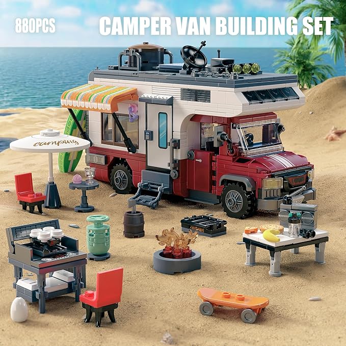 City Camper Van Building Set-Beach Camping Themed Construction Toy Kit with Mini Accessories&Lights, RV Car Model Compatible with Legos,Birthday Gift for Adults and Kids 6+(880 pcs)