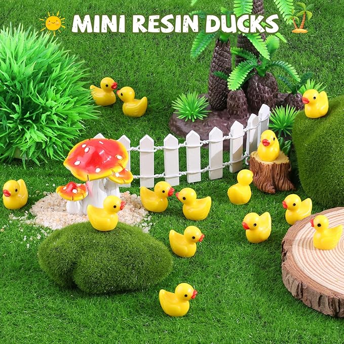 200PCS Mini Resin Animals Cute Yellow Tiny Ducks,Miniature Duck Figures to Hide,Little Animal Small Figurines Bulk for Topper Desk Garden Dollhouse Landscape Aquarium Ornaments DIY Crafts & Decor