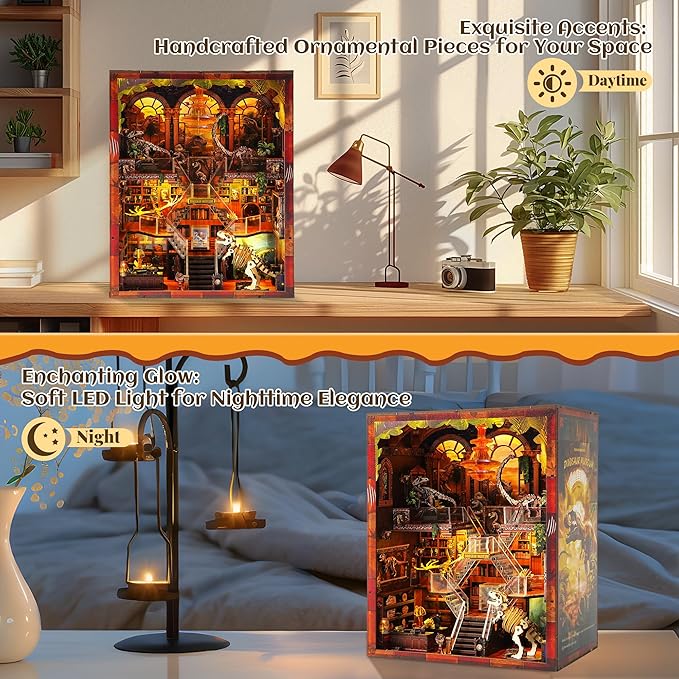 Book Nook Kit - DIY 3D Wooden Puzzle Miniature House with LED Lights - Creative Crafts for Adults - Bookshelf Insert Decor - Educational Gift for Family & Friends（Dinosaur Museum）