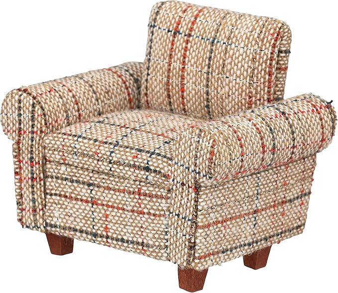 Dollhouse Sofa Armchair Upholstered, Miniature Living Room Furniture Chair, Fabric, Accessories for 6 inch Dolls, 1/12 Scale (Beige Retro)
