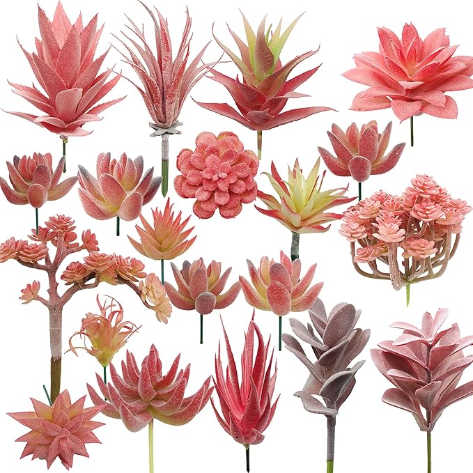 Woohome 20 PCS Artificial Succulent Plants, Red Fake Succulent, Unpotted Faux Succulent Assortment in Flocked in Different Type for Birthday Home Decor Indoor Wall Garden DIY